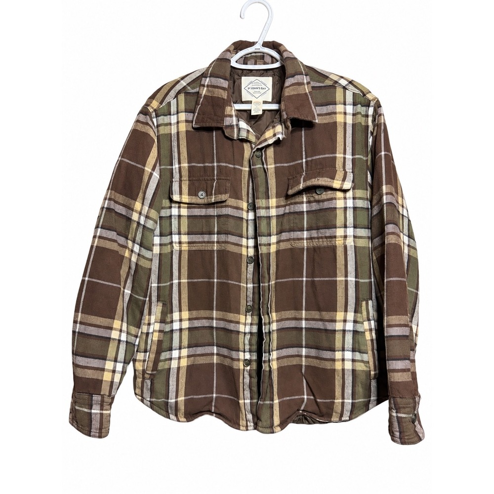 St Johns Bay Mens Brown Plaid Quilted Flannel Shirt Jacket Medium Cotton Lined